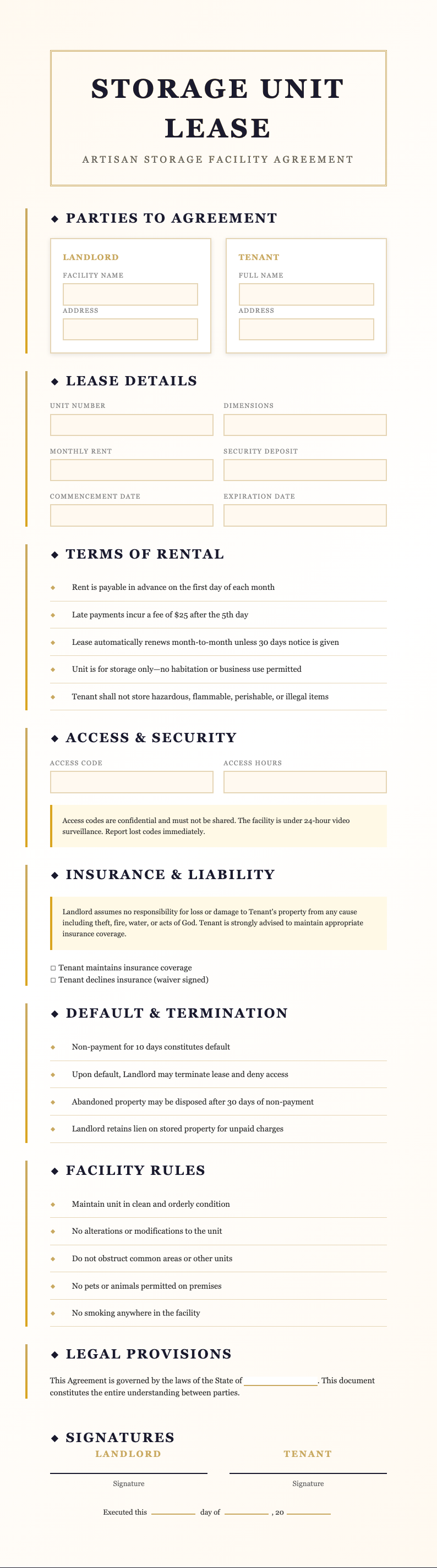 Art deco modern storage unit lease agreement
